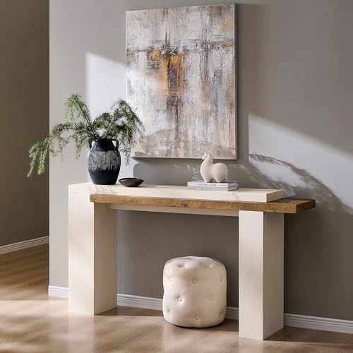 OKD 63" Modern Geometric Console Table with Layered Top, Antique White | Extended Layered Top, Sturdy Support Legs, Entryway, Hallway, Foyer, Living room, Behind Sofa - color: Antique White