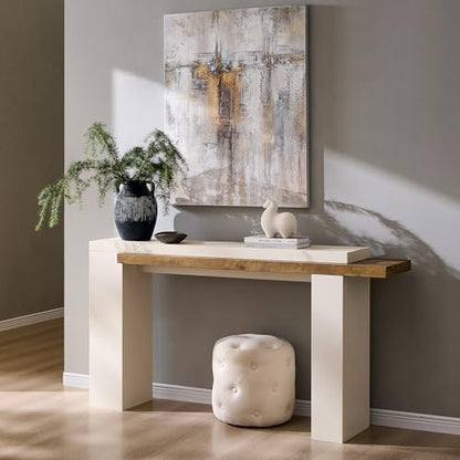 OKD 63" Modern Geometric Console Table with Layered Top, Antique White | Extended Layered Top, Sturdy Support Legs, Entryway, Hallway, Foyer, Living room, Behind Sofa - color: Antique White