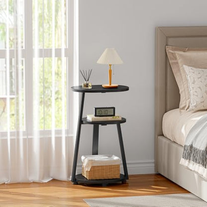 Kalrin Side Table, Small End Table with Metal Frame, 3-Tier Bedside Tables, Round Side Tables for Living Room Bedroom Couch Bathroom, Oval, Pure Black - color: Pure Black