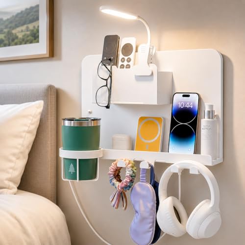 Floating Bedside Wall Shelf, Metal Bedside Wall Organizer with Detachable Cup Holder, No Drill Wall Mounted Storage for Bedroom, Dorm, Loft Bed, Bunk Bed & Small Space Organization - color: White