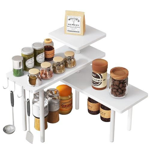 IBUYKE 3-Tier Spice Rack Kitchen,Rotating Adjustable,White,TLJ023W | Corner shelf Kitchen Countertop Organizer Bathroom Counter Organizer 4 Side Hooks Coffee Bar Cabinet Desk - color: White, size: 1 pack (Improved)
