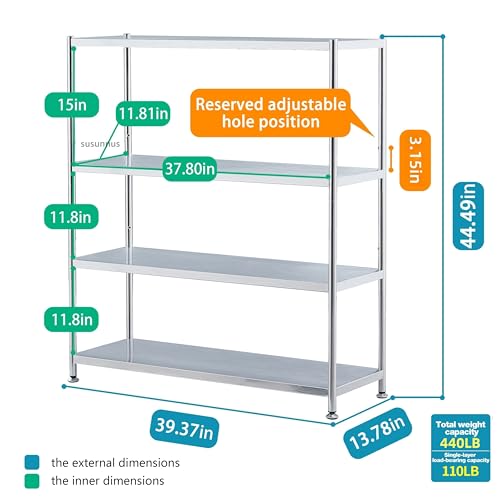 susunnus Stainless Steel Shelves 39.4in-4 Tier,Kitchen Storage Shelves,Stainless Steel Shelf Organizer, Artistic Texture, Pragmatic& Sturdy & Waterproof - size: 39.4in*13.8in-4T