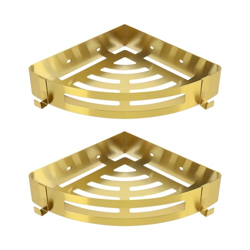 NearMoon Bathroom Shower Caddy 2 Pack, 304 Stainless Steel Shower Organizer with 2 Hooks, No Drill (Corner Shelf, Gold) - color: Gold