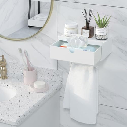 Domax White Toilet Paper Holder with Shelf,Wall Mount/Adhesive Bathroom Toilet Paper Holder,Bamboo Wood Tissue Toilet Roll Holder with Storage Drawer for Organizer Wipes,Fits Any Room, Large - color: White