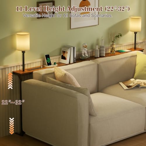 78.8" Long Sofa Table with Lights & Charging Station - 4 AC outlets | 22"-32" Height Adjustable Behind Couch Table, Narrow Console Table, Slim Design for Living Room, Rustic Brown - color: Brown, size: 78.8" Long-2 Light