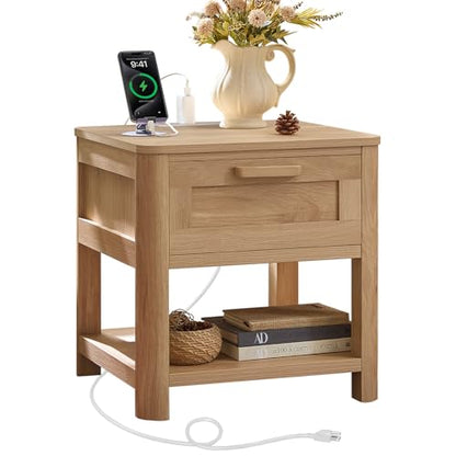 Joaxswe Farmhouse Side Tables Living Room, Small Nightstand with 1 Drawers & Open Shelving & 4 Thickened Table Legs, Natural Wood - color: Natural, size: Single