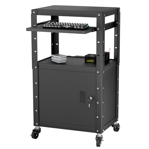 Mobile AV Cart with Cabinet, Rolling Computer Cart Height Adjustable Rolling Media Utility Cart with Extra Storage Space, 4 Outlets, Pullout Keyboard Tray Perfect for Home or Office Use - size: Style4 24x18Wx42H