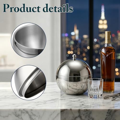 NUOBESTY Double Walled Ice Bucket with Lid and Tongs Stainless Steel Insulated Beverage Bucket for Wine Beer Juice Bar Parties Home Entertaining Spherical Shape 7.67 X 6.57 X 6.57 in