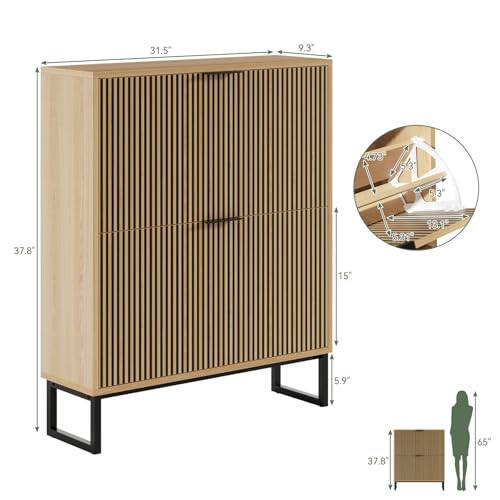 Shoe Cabinet Storage Entryway Slim, Shoe Organizer Cabinet with 2 Flip Drawers, Modern Freestanding Hidden Shoe Rack for Entryway, Natural Wood - size: 2 Flip Drawers
