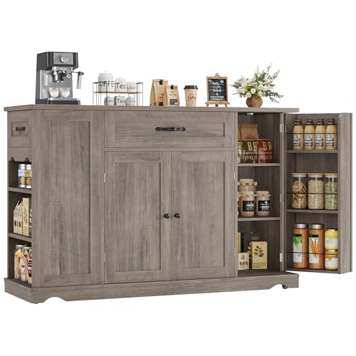 HOSTACK Kitchen Island Cart with Storage, 47'' Kitchen Storage Island on Wheels with 2 Drawers, Rolling Island Table with Adjustable Shelves, Mobile Buffet Sideboard Cabinet for Dining Room, Ash Gray - style: Ash Gray