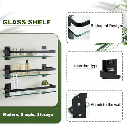 Bathroom Glass Shelf 15.7" Black Wall-Mounted, Floating Metal Storage Rack | 3 Pack Aluminum Tempered Glass 0.3in Extra Thick Rectangular，Space-Saving Design - color: Black 3 Pack