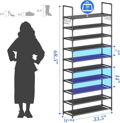 Simple Trending Tall Shoe Rack Storage Holds 40 Pairs, 10 Tier Shoe Organizer Shelf Large Capacity for Entryway Closet, Black - size: 10 Tiers Wide, Black