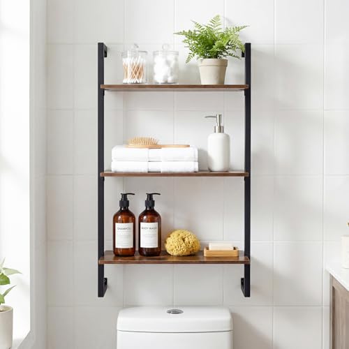 Giantex 3-Tier Wall-Mounted Bookshelf, Industrial Floating Storage Display Shelves with Metal Frame, Wood Open Ladder Bookcase for Living Room, Home Office, Kitchen, Rustic Brown + Black - color: Rustic Brown + Black