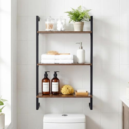 Giantex 3-Tier Wall-Mounted Bookshelf, Industrial Floating Storage Display Shelves with Metal Frame, Wood Open Ladder Bookcase for Living Room, Home Office, Kitchen, Rustic Brown + Black - color: Rustic Brown + Black