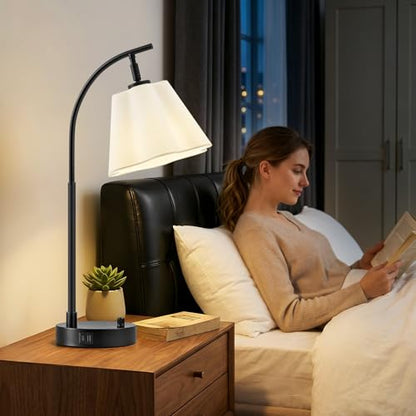 GyroVu Table Lamp Set of 2, Bedside Table Lamp with USB C+A Ports, Stepless Dimmable Nightstand Lamp, Small Cute Bedroom Lamps, Flower Lamp for Bedroom, Living Room, Home Office(Bulbs Included, Black) - color: white shade & black base