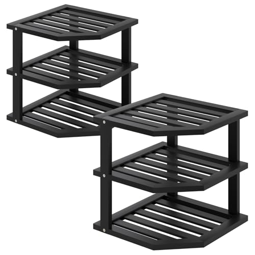 VERTORGAN 3 Tier Bamboo Corner Shelf(2 Pack),Dish Drying Rack,Plate Organizer,Kitchen Spice Rack for Countertop and Cabinet(Black) - color: Black, size: 2 PC