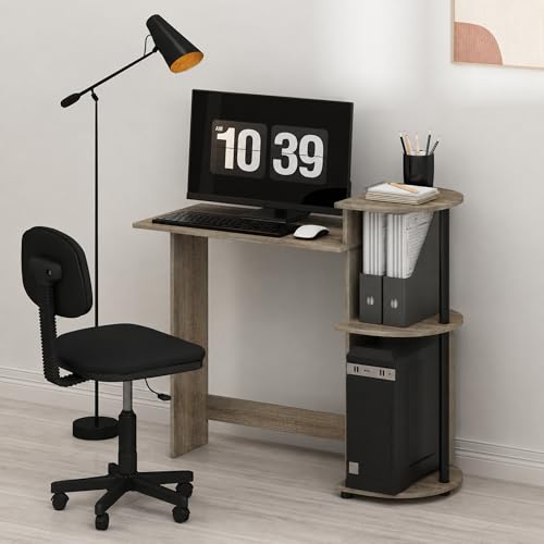 Furinno Compact 29-Inch Grey Computer Desk, Gaming Desk with Shelves, Office Desk with Book Shelf, for Home Office, Study Room, Dorm, Bedroom, Grey Oak - color: Grey Oak/Black, size: 28.5-in with 3 Rounded Shelves