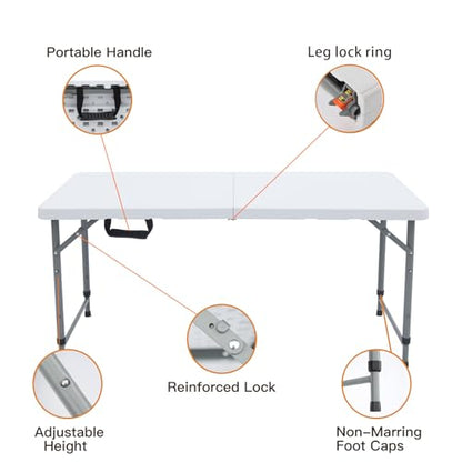 Lakhow Folding Table 4 Foot Portable Heavy Duty Plastic Fold-in-Half Utility Table with Carrying Handle,Indoor Outdoor Small Adjustable Height Folding,Camping and Party,White - color: 48 Inches White