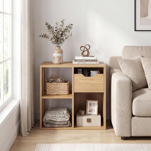 Giantex 3 Cube Bookcase with Drawer, 2 Tier Bookshelf for Small Space, Modern Freestanding Display Rack with Open Shelves, Natural Book Case, Wood Cube Storage Organizer Bedroom Living Room, 2 Pack - color: Natural