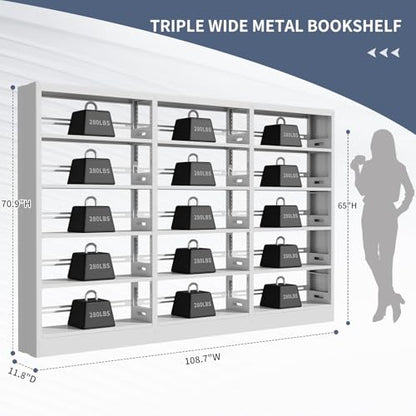 70.9" H Metal Bookshelf, Adjustable Bookcase, 5-Tier Heavy Duty Bookshelf with Bookend, Tall Bookshelves, Bookcase Shelf for Living Room, Office, Library,Classroom (White-108.3W) - color: White, size: 108.3" Wide