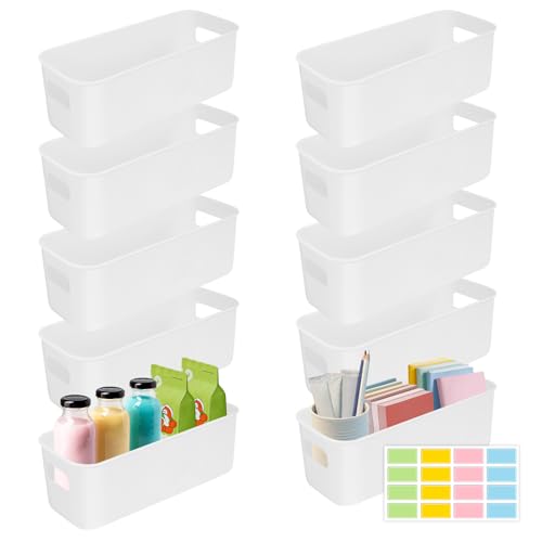 10Pcs White Narrow Storage Bins, 10" Long Bathroom Organizing Bins, Plastic Storage Basket Open Drawer Organizer Box with Handle for Bathroom Kitchen Office Vanity Pantry Shelves