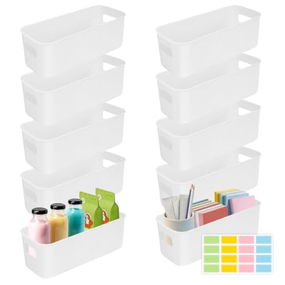 10Pcs White Narrow Storage Bins, 10" Long Bathroom Organizing Bins, Plastic Storage Basket Open Drawer Organizer Box with Handle for Bathroom Kitchen Office Vanity Pantry Shelves