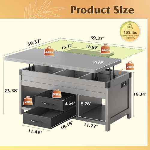 WLIVE 40" Lift Top Coffee Table, 4 in 1 Coffee Tables with Storage, 2 Fabric Drawers, LED Light and USB, Modern Coffee Table with Hidden Compartment for Living Room, Dining Room, Grey - color: Grey