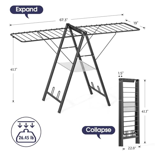 Clothes Drying Rack, 67.7" L Height Adjustable, Foldable, Black | 1.5"Folded, No Assembly, Space-Saving, Spacious Design, Adjustable Wings, Clips, Mesh Shelf, Shoe Rack, Indoor & Outdoor Use - color: Black