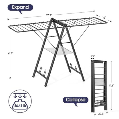 Clothes Drying Rack, 67.7" L Height Adjustable, Foldable, Black | 1.5"Folded, No Assembly, Space-Saving, Spacious Design, Adjustable Wings, Clips, Mesh Shelf, Shoe Rack, Indoor & Outdoor Use - color: Black