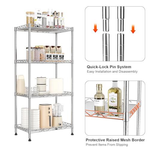 4-Tier Wire Shelf Metal Rack, Narrow Wire Shelving Unit, Small Wire Shelf | 17.3"Wx11.4"Dx44.3"H,Height Adjustable Storage Pantry Shelves with Lockable Wheels for Kitchen Office,Bathroom Small Spaces - color: 4-tier Chrome-17.3"x11.4" X44.3"(wxdxh)