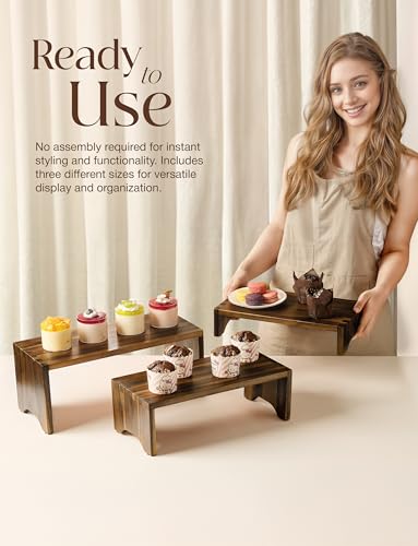 Tidita Wooden 3 Tier Cupcake Stand with Non-Slip Pads (Walnut Color) | Set of 3 Size ,Solid Acacia Wood, No Assembly Required, Finger-jointed, Space-Saving Nesting Design, Multi-Purpose Display - color: Walnut