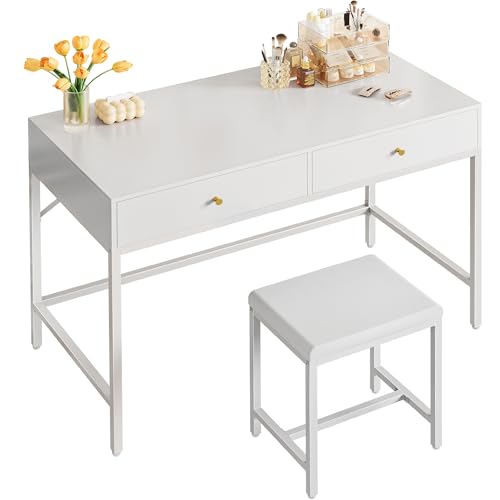 SUPERJARE 43-inch White Desk with 2 Drawers and Padded Stool | Modern Makeup Vanity & Computer Desk with Storage for Home Office, Bedroom Study - color: White, size: 43.3 inch