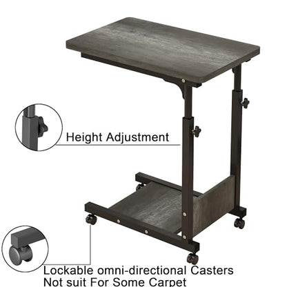 TigerDad Adjustable Height C Table Sofa Side Bedside Table with Wheels, Hospital Bed Table Rolling Tray with Storage, Mobile Computer Desk Laptop Table for Home Use,Gray - color: Grey