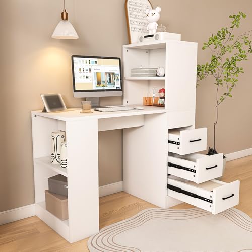 43 Inch Computer Desk with Power Outlets, Small Computer Desk with 3 Slide Drawers, Home Office Desk with 4 Storage Shelves, Gaming, Corner Work Desk for Home Office, Study (White) - color: White