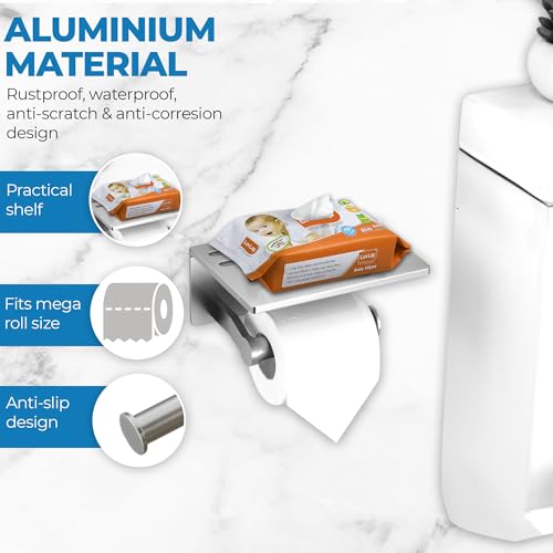 Toilet Paper Holder with Shelf and 2 Towel Hooks - Self Adhesive Toilet Paper Storage - Tissue Roll Holder with Phone Shelf - Wall Mount Toilet Roll Bathroom Organizer - Brushed Nickel - color: Brushed Nickel - 2 Hooks