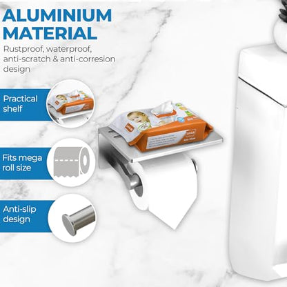 Toilet Paper Holder with Shelf and 2 Towel Hooks - Self Adhesive Toilet Paper Storage - Tissue Roll Holder with Phone Shelf - Wall Mount Toilet Roll Bathroom Organizer - Brushed Nickel - color: Brushed Nickel - 2 Hooks