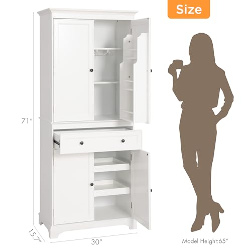 Spirich 71-Inch Tall Kitchen Pantry Cabinet with 2 Slide-Out Racks, White | Large Center Drawer, 6 Built-In Door Shelves, Stemware Rack, 1 Adjustable Shelf, Water-Based Finish, FSC-Certified Wood