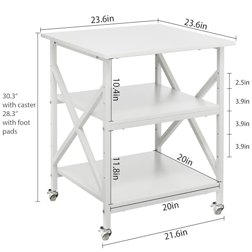 3 Tier Printer Stand, Large Table with Wheels, Rolling Cart with Height Adjustable Middle Storage Shelf, 23.6 x 23.6 x 30.3 Inches Shelf for Home Office, White - color: White