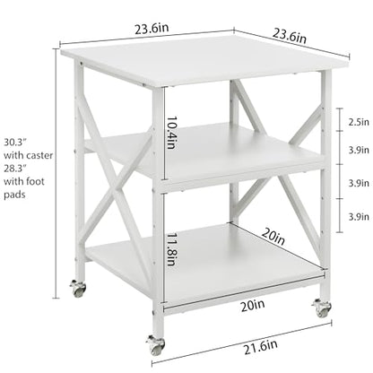 3 Tier Printer Stand, Large Table with Wheels, Rolling Cart with Height Adjustable Middle Storage Shelf, 23.6 x 23.6 x 30.3 Inches Shelf for Home Office, White - color: White