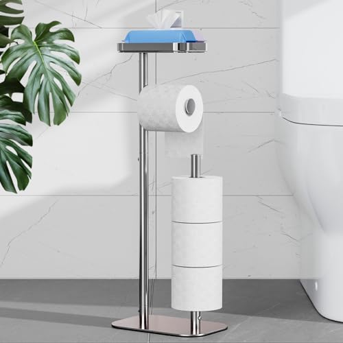 Kitsure Metal Toilet Paper Holder Free Standing, Medium, Chrome Silver | Rustproof Toilet Paper Stand for 4 Rolls, Bathroom Organizers and Storage with Anti-Slip Base and Plastic Shelf - color: Chrome Silver, size: Medium - 1 Pack