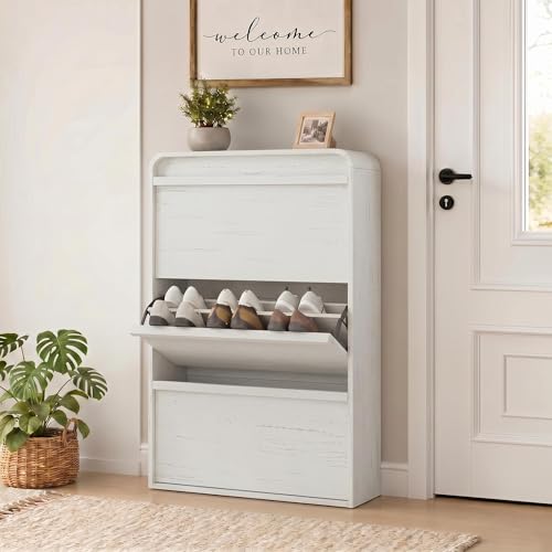 Garvee Shoe Cabinet with 3 Flip Drawers, Modern Narrow Shoe Storage Cabinet Organizer with Adjustable Shelf, 46" Tall Hidden Freestanding Shoe Rack Cabinet for Entryway, Hallway, Distressed White - color: Distressed White
