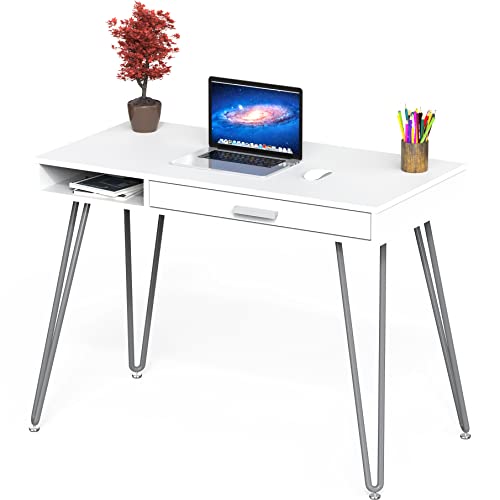 SHW Home Office Computer Hairpin Leg Desk with Drawer, White - color: White