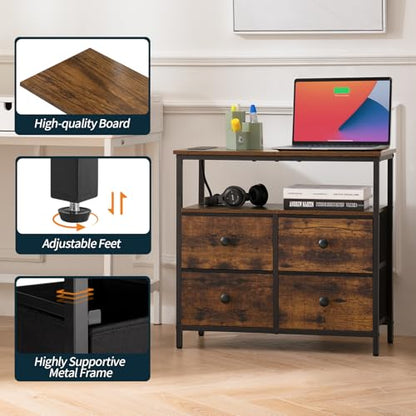 Yoobure Night Stand with Charge Station, Nightstand with 4 Drawers Bedside Table, LED Dresser with Storage Shelf, Night Stands for Bedroom, Side Table 3-Tier Wood End Table for Home Rustic Brown - color: Rustic Brown