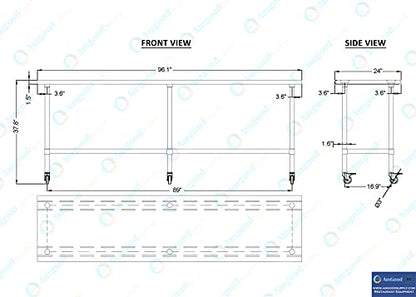 AmGood 96" Long x 24" Deep Stainless Steel Table with Casters - size: 96" Long x 24" Deep