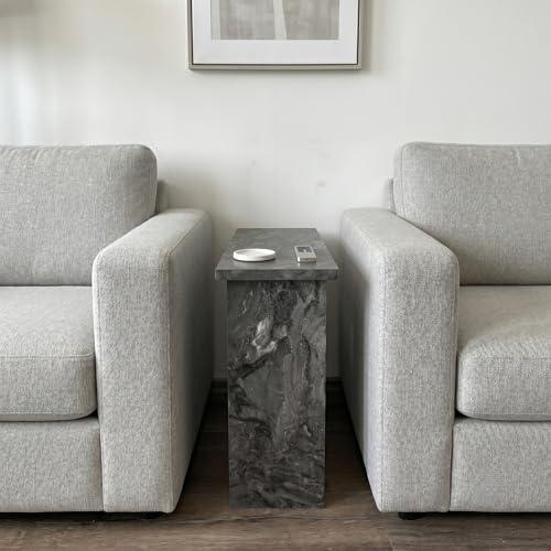 Narrow Side Table for Living Room, Slim End Table for Small Spaces Between Couch, Recliner or Armchair, 2 Tier Skinny Table with Open Shelf, Engineered Wood Sofa Beverage Thin Stand (Black Marble) - color: Black Marble