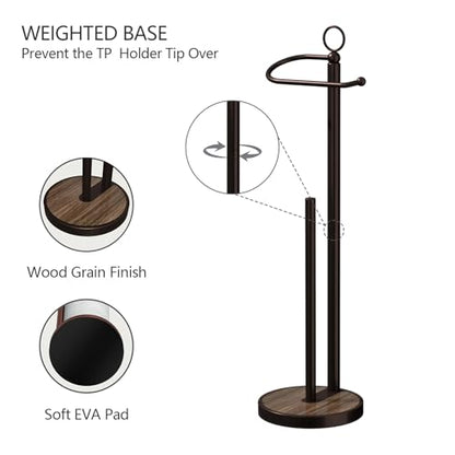 Toilet Paper Holder Free Standing with Storage 4 Rolls Stainless Steel Toilet Paper Holder Stand with Weighted Wood Grain Base Space-Saving Tissue Roll Holders for Bathroom Black & Bronze (Bronze)