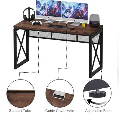BON AUGURE Farmhouse Computer Desk, Modern Industrial Home Office Desks, Wood Metal Study Writing Table, Sturdy Gaming Desk (Rustic Oak, 54 Inch) - color: Rustic Oak, size: 54"W