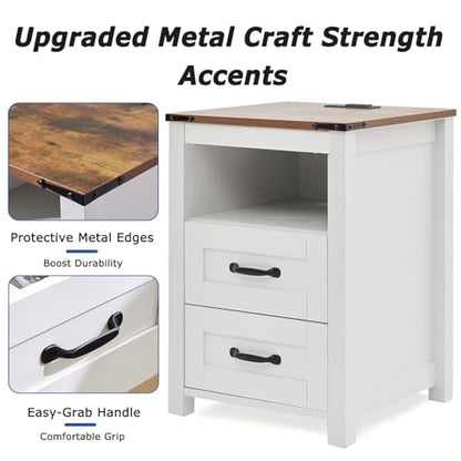 Farmhouse Night Stand, Rustic White Nightstand for Bedroom, End Tables with Charging Station, Bedside Table with Drawers, Wood Bedside Cabinet Dresser - color: White, size: 1pcs with Charging