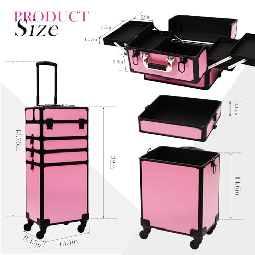 Particle Rolling Makeup Train Case Professional Cosmetic Trolley Large Storage Organizer with Key Swivel Wheels Salon Barber Case -Extra Portable Cosmetic Bag, Pink - color: Pink