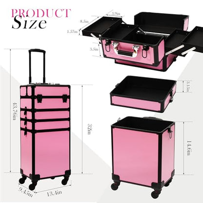 Particle Rolling Makeup Train Case Professional Cosmetic Trolley Large Storage Organizer with Key Swivel Wheels Salon Barber Case -Extra Portable Cosmetic Bag, Pink - color: Pink